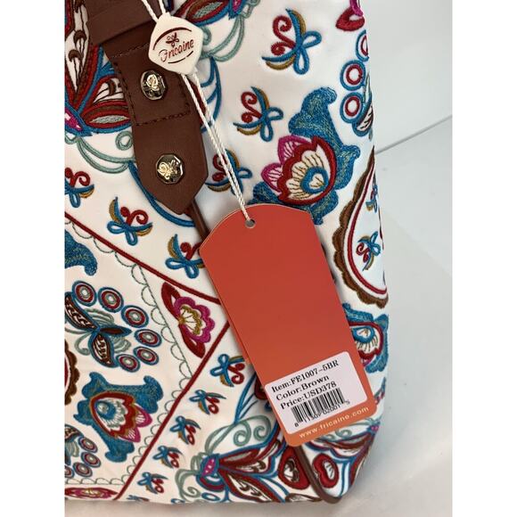 NEW Fricaine Brown Embroidered Tote Floral Leather Purse Handbag - Picture 8 of 11